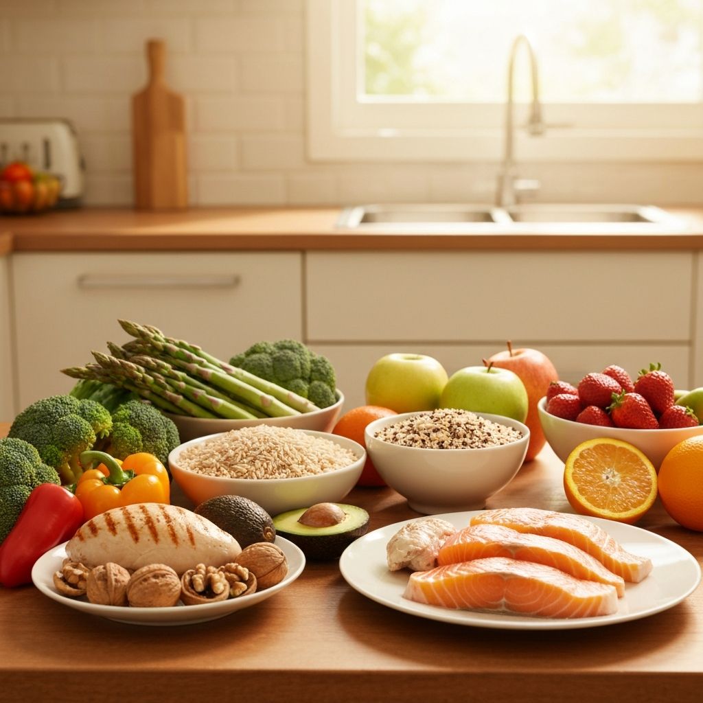 Diverse healthy food groups displayed on table
