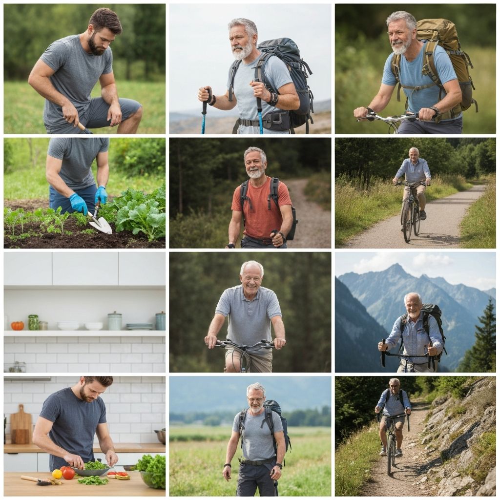 Men engaged in sustainable everyday activities showing balanced lifestyle