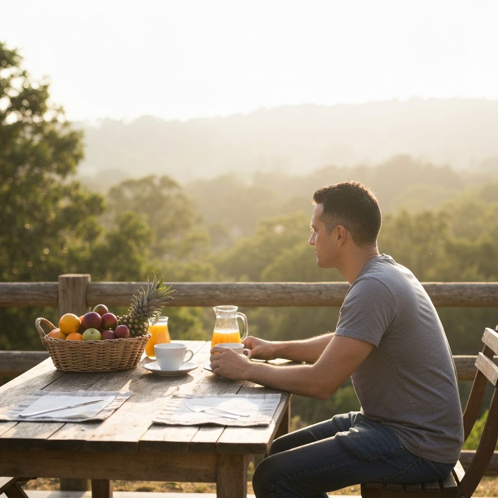 Man enjoying a healthy breakfast overlooking natural landscape