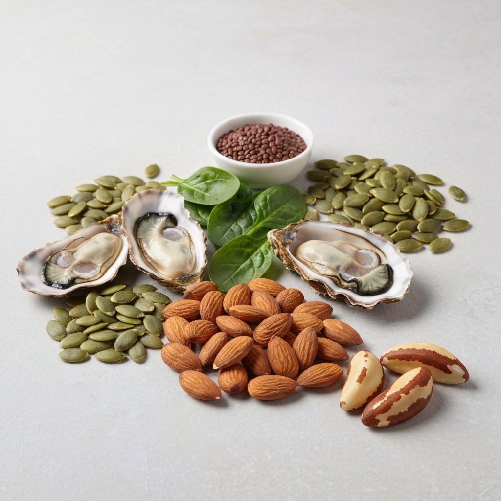 Mineral-rich foods including nuts, seeds, and vegetables